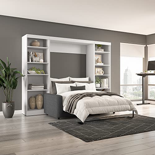 Bestar Pur Full Murphy Bed with Sofa and Shelving Units, 109-inch Space-Saving Wall Bed with Storage Bestar