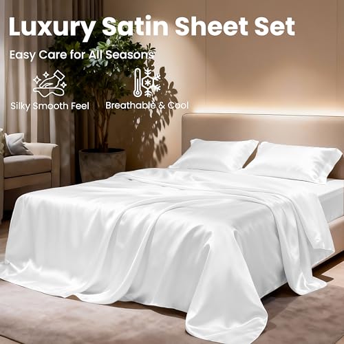 Love's cabin Full Size Satin Sheet Sets - 4 Piece White Silky Satin Sheet Set Full with Deep Pocket, Luxury Silk Feel Satin Bed Sheets Full Bedding Set (1 Flat Sheet,1 Fitted Sheet,2 Pillow Cases) Love's cabin