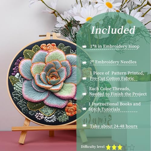 FONNUY Succulents Embroidery Kit for Beginners, Stamped Embroidery Patterns Kits for Adults with Hoop, Easy to Follow Color Thread Needlework, 8'' Hoop (Chubby Leaves)