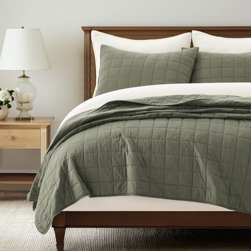 EVERGRACEHOME 100% Cotton Box Stitch Quilt Bedding Set King Size 3 Pieces, Garment-Washed Lightweight Soft Cozy Coverlet, Oversized Quilted Bedspread Sets with 2 Shams for All Season, Olive Green EVERGRACEHOME