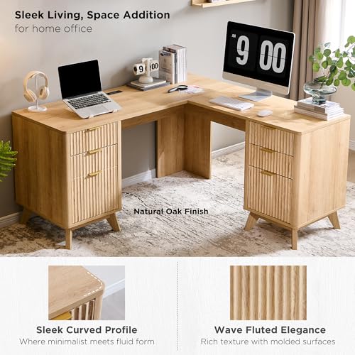 T4TREAM 60'' Fluted Executive L Shaped Desk, Modern Home Office Desk with Charging Station and File Drawer, Computer Corner Desks with Drawers & Storage Cabinet for Office Home, Bedroom, Natural Oak T4TREAM