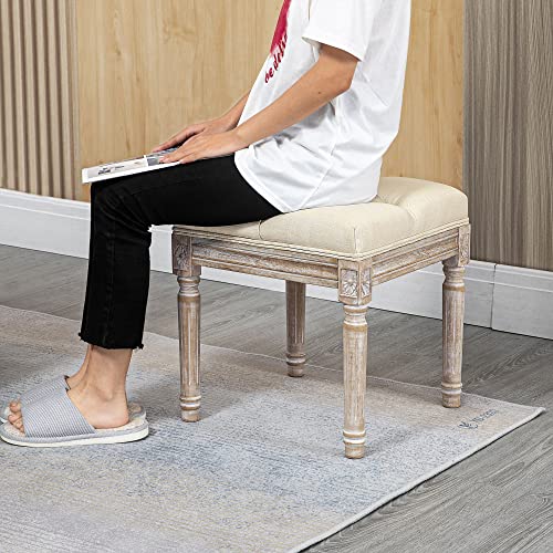 HOMCOM 16" Vintage Ottoman, Tufted Foot Stool with Upholstered Seat, Rustic Wood Legs for Bedroom, Living Room, Beige HOMCOM