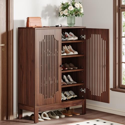 Tribesigns Shoe Cabinet with Doors, 5-Tier Shoe Storage Cabinet with Adjustable Shelves, 20 Pairs Wooden Shoe Rack Organizer, Tall Narrow Shoe Cabinet for Entryway, Hallway, Living Room, Walnut Tribesigns