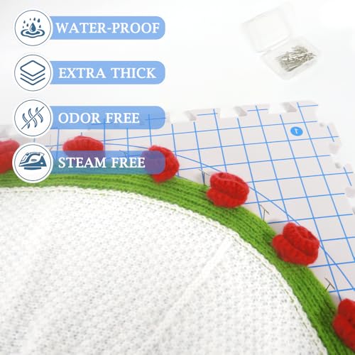 Yarniss Blocking Mats for Knitting with Circular Gridlines 12.6“x12.6”, Double-Sided Crochet Blocking Board Set Includes 50 T-Pins & 8 Combs,4 Packs Yarniss