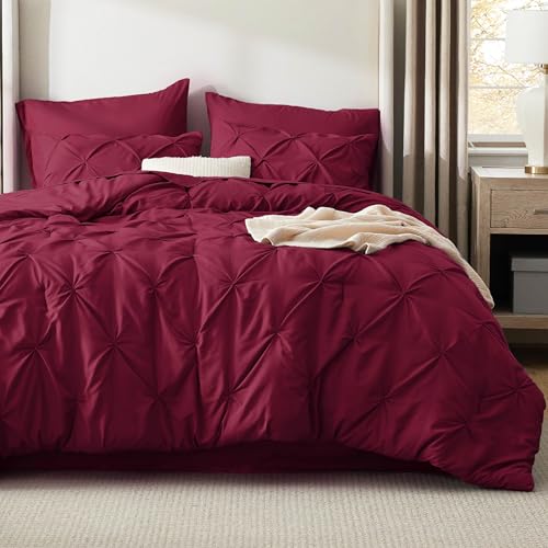 Bedsure Queen Comforter Set Dark Red - Bed in a Bag Queen Size Bedding 7 Pieces, GentleSoft™ Pintuck Bed Set Gift for Family, Pinch Pleat All Season Comforter with Sheets, Pillowcases & Shams Bedsure