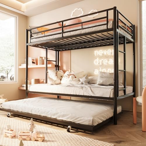 SUNLEI Metal Bunk Beds with Double Secured Ladders, Twin Bunk Bed with Surrounded Safety Guardrails, Space Saver Twin Beds, Noise Free for Small Bedroom, with Trundle Function, Black SUNLEI
