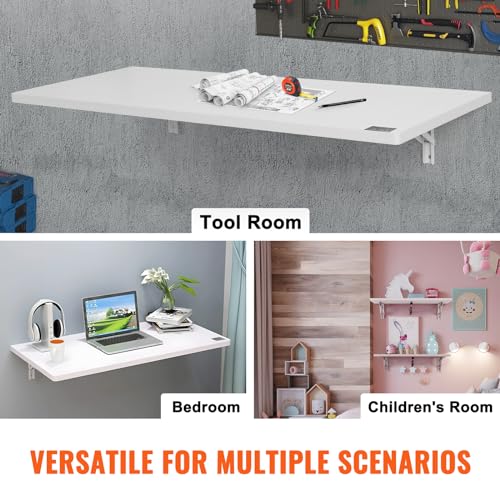 VEVOR Wall Mounted Folding Table, 47.24" x 19.69" Wall Mount Drop Leaf Table, Floating Desk with Iron Bracket, Fold Down Desk for Small Spaces, Home Office, Dining, Laundry Room, Kitchen, Bar, White VEVOR