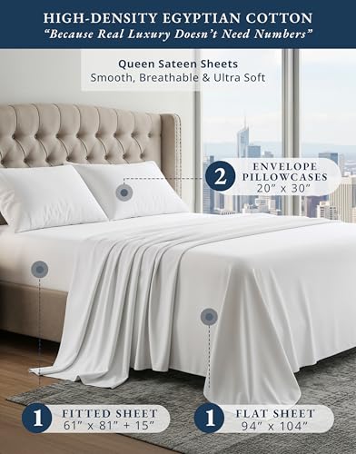 100% Egyptian Cotton Sheets Queen Size - Naturally Cooling & Breathable 4 Piece Silky Sateen Weave Queen Sheet Set, Ultra-Soft & Durable Hotel Luxury Sheets with 15" Snug Fit Deep Pockets - White