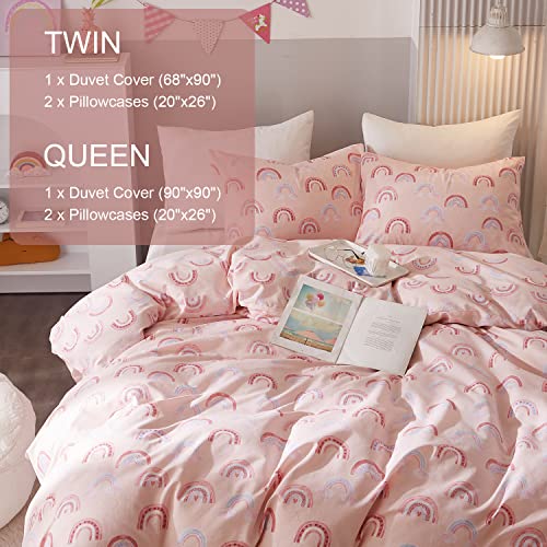 Ivellow Twin Duvet Cover Bed Set 100% Cotton Rainbow Pink for Girls Cute Kawaii Bedding Set 3 Pcs Ultra Soft Breathable Toddler Teen Kids Patterned Cartoon Comforter Cover. Ivellow