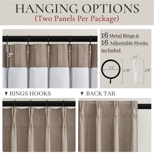 Dark Flax Living Room Curtains 86 Inches Long,Tan Pinch Pleated Linen Window Curtain Total Blackout Burlap Sunblock Thermal Drapes for Winter Cabin/Office/Nursery Room Divider (40"x86" 2panels) QJmydeco