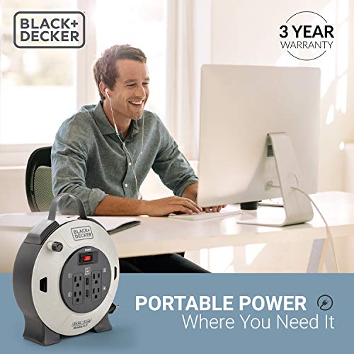 BLACK+DECKER 25 Ft. Retractable Extension Cord Reel With 4 Outlets, 2 USB Ports, Multi-Plug Extension, On/Off Switch & Heavy-Duty 16AWG SJT Cable Black + Decker