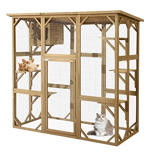 MAGIC UNION Large Fir Wooden Outdoor Indoor Catio Cat Enclosure with Weather Protection Roof with Cattery and 5 Platforms MAGIC UNION