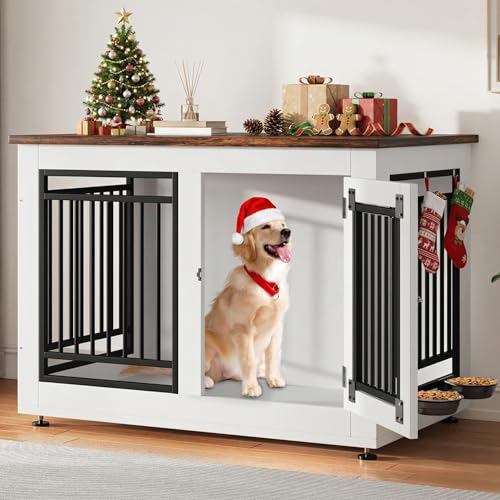 YITAHOME 39" Dog Crate Furniture, Wooden Side End Table with Adjustable Feet and Removable Bowls, Dog Kennel Indoor for Medium Large Dogs YITAHOME