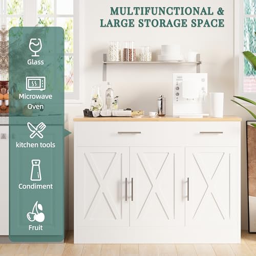 Shintenchi Modern Farmhouse Sideboard Buffet Cabinet with Storage with 3 Doors,42" Barn Doors Buffet Cabinet with Storage, Wood Coffee Bar Cabinet with Adjustable Shelf for Kitchen Living Room,White Shintenchi