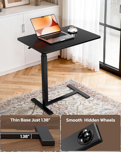 Overbed Bedside Table with Hidden Casters, Adjustable Pneumatic Mobile Laptop Computer Standing Desk, Rolling Laptop Table, Movable Overbed Table Hospital Home Use, Black Simple Deluxe