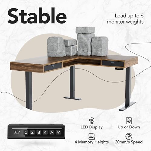 HUANUO Electric L Shaped Standing Desk, 63″x55″ Height Adjustable Corner Computer Desk with 2 Under Desk Drawers & Open Storage Sapce, Sit Stand Up Table with Power Strip Tray & Cable Grommets, Walnut HUANUO