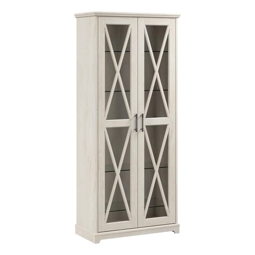 Bush Furniture Lennox Farmhouse Curio Cabinet with Glass Doors and Shelves in Linen White Oak | Tall 5 Shelf Display Case for Living Room or Home Office Bush Home