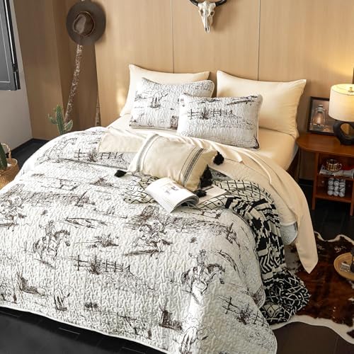 Wake In Cloud - Western Quilt Set, Rustic Ranch Life with Cowboy Southwestern Vintage Country Pattern Printed, Reversible Lightweight Bedspread Coverlet, 3 Pieces, Beige Brown, Twin/Twin XL Size Wake In Cloud