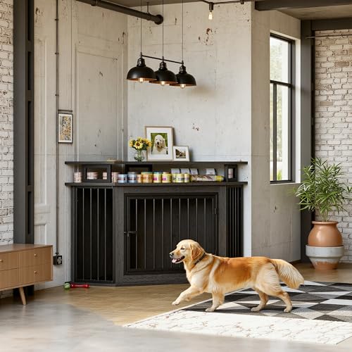 IRONCK 51" Corner Wooden Dog Crate Furniture with 2-Tier Shelves, Pet Kennel for Large Dogs, Space-Saving Dog Cage Indoor, Rustic Brown (26.7" L x 51.2" W x 33.5" H) IRONCK