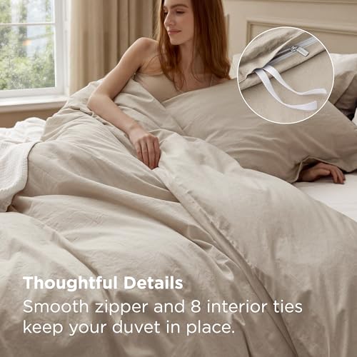Bedsure 100% Washed Cotton Duvet Cover Queen Size - Oatmeal Minimalist Cotton Duvet Cover Linen Like for All Seasons - GentleSoft™ Plain Simple Bedding (Oatmeal, Queen, 90"x90") Bedsure