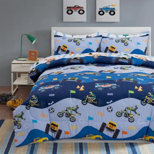 A Nice Night 5Pcs Bed in A Bag Cartoon Cartoon Car Kids Comforter Set Construction Bedding Set, Race Car Motorcycle Truck Pickup Printed, Twin,Dark Blue A Nice Night