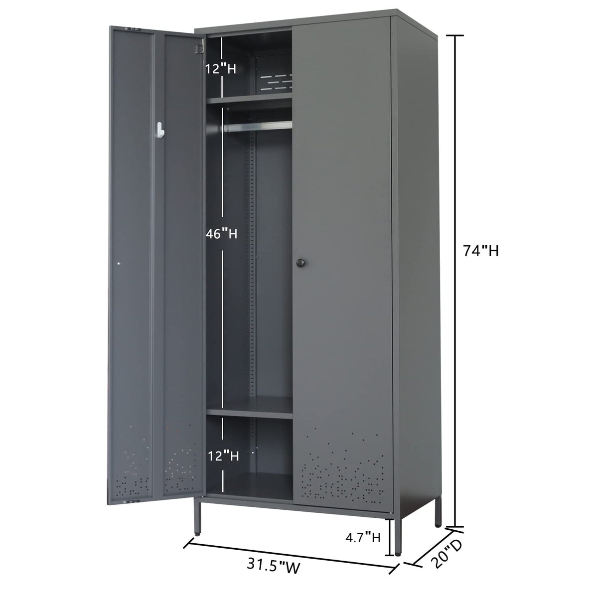 BESFUR Bedroom Armoires, Metal Wardrobe Armoire Closet with Hanging Rod, Adjustable Shelves, 20" D x 31.5" W x 74" H - Charcoal Grey BESFUR