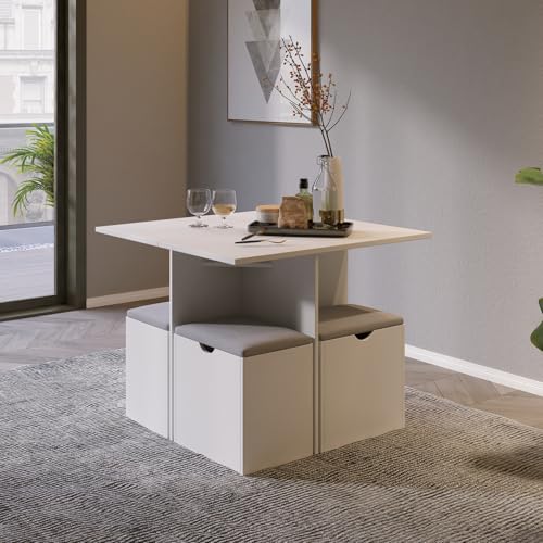Mondeer 5-Piece Dining Table Set, Small Kitchen Table Set with 4 Stools Compact Space-Saving for Dining Room Kitchen Modern (White and Grey) Mondeer