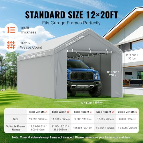 VEVOR Carport Replacement Canopy Cover Top + Side Wall 12 x 20 ft, Garage Tent Shelter Tarp Heavy-Duty Waterproof & UV Protected, Easy Installation with Ball Bungees,Grey (Frame Not Included) VEVOR