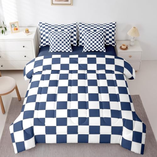Erosebridal White Blue Plaid Full Comforter Set with Sheets 7 Piece Navy Blue Checkerboard Bedding Set for Kids Boys Teen,Checkered Grid Bed in A Bag Modern Aesthetic Geometric Bed Set Erosebridal