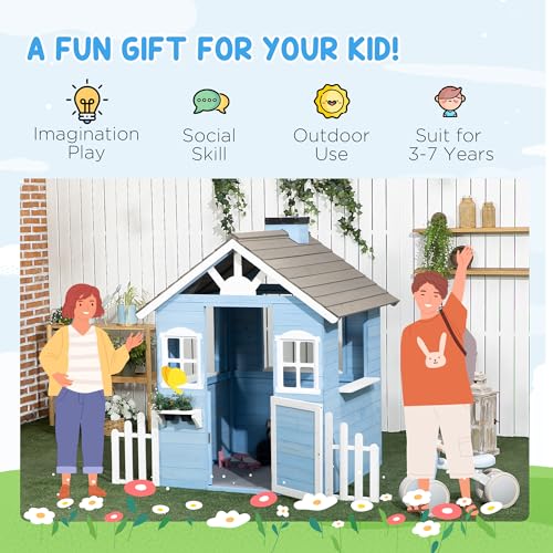 Outsunny Playhouse for Kids Outdoor, Country Style Wooden Playhouse with Flower Pot Holders, Working Door, Windows, Service Stations for 3-7 Years, Outsunny