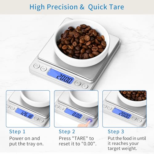Toprime Digital Gram Scale 500g 0.01g Food Scale High Precision Kitchen Scale Multifunctional Stainless Steel Pocket Scale with Back-Lit LCD Display Tare PCS Features Silver