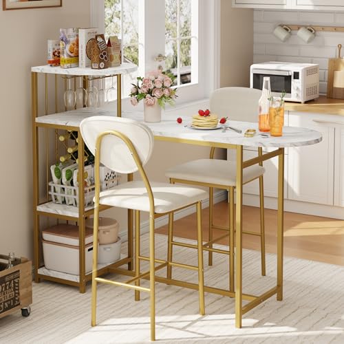 Garvee Dining Table Set for 2, 3-Piece Expandable Bar Table and Chairs Set, with Storage Shelves and Wine Rack, Small Kitchen Dining Set for Living Room, Apartment Garvee