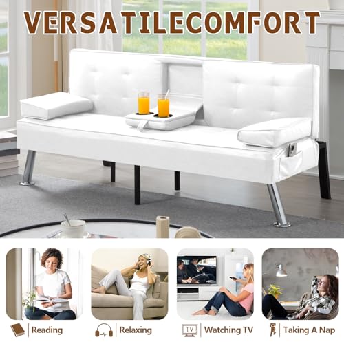 Anwick Convertible Folding Futon Sofa Bed,Modern PU Leather Sleeper Love Seat with 3 Reclining Backrest & Cup Holders,67" Comfy Sofa Couches for Living Room Small Home Office (White) Anwick