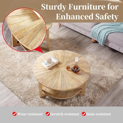 DS-HOMEPORT Wood Round Coffee Table for Living Room, 2 Tier Circle Rustic Coffee Table with Storage, Coffee Table for Apartment, Easy Assembly (Light Brown,35" Dx35 Wx18 H) DS-HOMEPORT