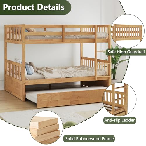 Repantes Full Over Full Bunk Bed with Trundle, Solid Rubberwood, High Weight Capacity, Converts to 2 Full Beds, with Safety Rails for Kids, Teens and Adults, Nature Repantes