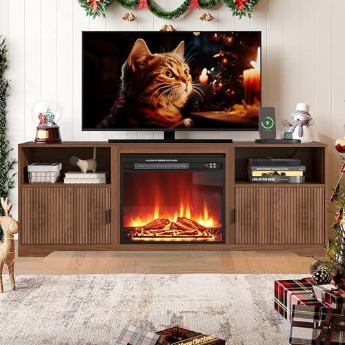 Fireplace TV Stand for Television up to 80 Inch,Entertainment Center with Adjustable Shelf,Mid-Century Modern Fluted TV Stand with 23" Electric Fireplace,Media Console for Living Room,Bedroom Mxtxmy