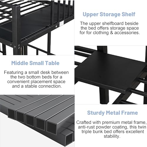 MoproBeti Triple Bunk Bed for Kids,Metal Heavy Duty 3 Bunk Beds with Storage Shelf & Ladder, Convertible Three Bunk Beds for Girls Boys Teens,Can be Separated into 3 Beds, Black MoproBeti