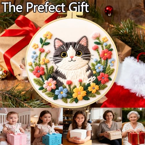 Zhenqing Kitten Embroidery Kit for Beginners, Pre-Printed 29x29cm Cotton Fabric with 20cm Hoop, Cute Cat in Flowers Design for Home Decor (C0243)