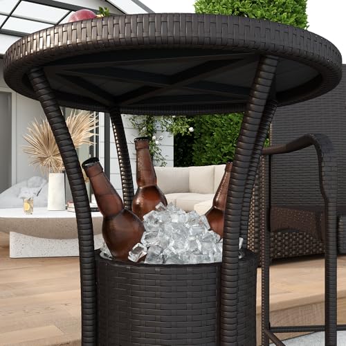Outsunny 3 Pieces Rattan Wicker Bar Set with Ice Buckets, Patio Furniture with 1 Bar Table and 2 Bar Stools for Poolside, Backyard, Porches, Dark Brown Outsunny