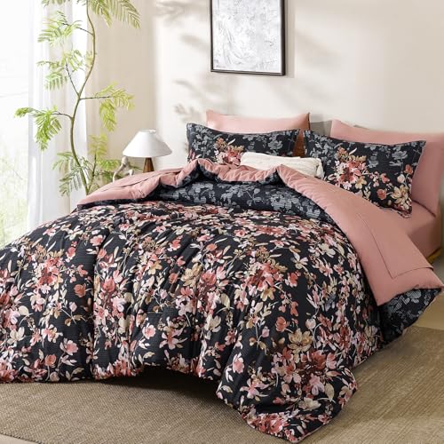 Dobuyly Black Comforter Queen Size Set, 7 Piece Floral Bedding Comforter Set, Black and Pink Bed in a Bag Botanical Flower Pattern with Sheets, Pillowcases & Shams All Season Dobuyly
