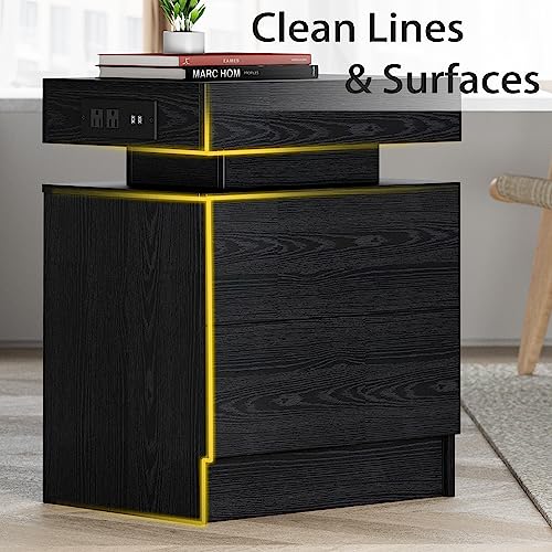LIKIMIO Night Stand with Charging Station, Modern Black Nightstand with LED Light and Drawers, Bedside Tables/End Table for Bedroom LIKIMIO