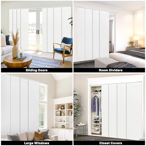Lazblinds Adjustable Blackout Vertical Blinds for Sliding Doors, Extendable Track (45 3/4'' - 82 5/8'' W), Trimmable Panels Up to 96” H for Room Divider & Patio Door, White Blackout LazBlinds