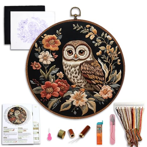 GOLDEN SMILE Embroidery Kit for Beginners Adults - 2-in-1 Frame & Display Hoop (8.2"/21cm), Water-Soluble Pattern, Full Reusable Tools for Easy Start | Owl Floral Art