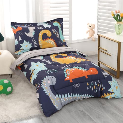 Wowelife Toddler Bedding Sets for Boys Premium 4 Piece Dinosaur Toddler Comforter Set Blue Grey Bed Set, Super Soft and Comfortable for Toddler(Dark Blue) Wowelife