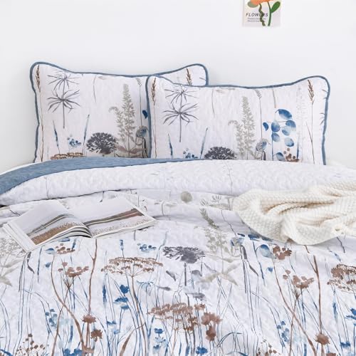 Dobuyly Blue Quilt California King Size Floral Botanical King Quilt Bedding Set 3 Pieces Soft Lightweight Microfiber Flower Bedspread Coverlet Set for All Season, 112"x96" Dobuyly