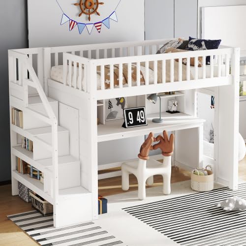 Bellemave Twin Size Low Loft Bed with Movable Desk & Storage Shelves, Kids Twin Loft Bed Frame with Storage Stairs & Hanger, White Bellemave
