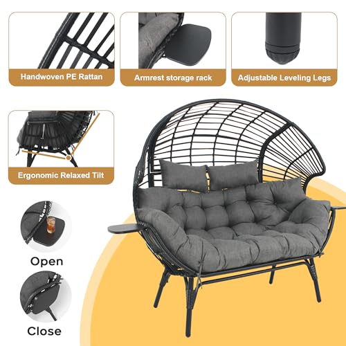 CHINNLUU Double Egg Chair Outdoor Indoor 2 Person Wicker Egg Lounge Chair with Foldable Cup Holder Cushion Rain Cover Patio Oversized Loveseat for Balcony Porch Backyard