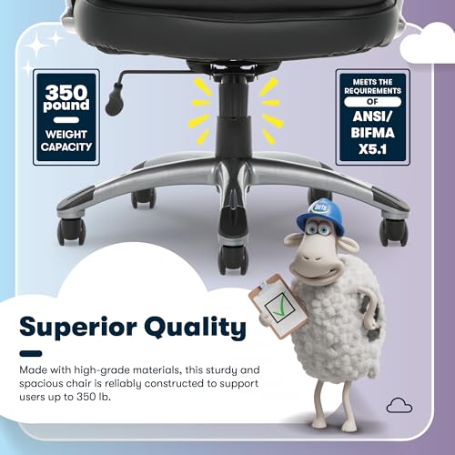 Serta Fairbanks Big & Tall Executive Office Chair, Ergonomic Comfy High-Back ComputerChairs with Lumbar Support, Semi-Plush Seat Cushion, Padded Armrests, Nylon Swivel Base, Bonded Leather, Black Serta