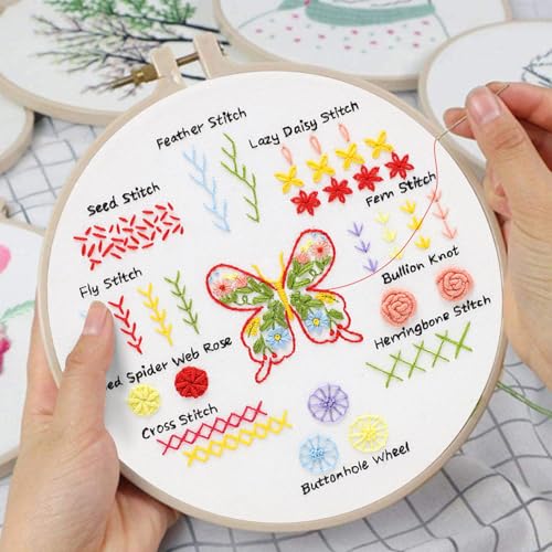 Louise Maelys Embroidery Kits for Beginners,4 Packs Practice Tool,Beginner Embroidery Kit for Adults,Learn 30 Basic Stitches,DIY Hand Sewing Gift Cross Stitch Starter with Hoop and Instruction