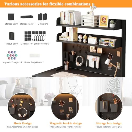 SimpArt Desk Organizer Shelf for Standing Desk – Metal Frame Desk Hutch with Pegboard, Storage Shelf, and Hooks, Space-Saving Desktop Organizer for Home Office & Workstation Black 39.4 * 9.3 * 15in SimpArt